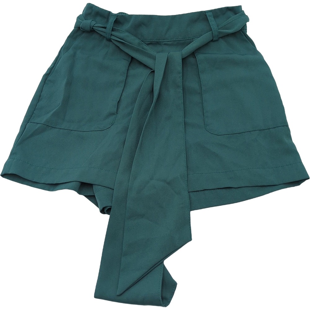 A New Day Womens XS Teal Green Paperbag Waist Tie Front Shorts Pockets High Rise